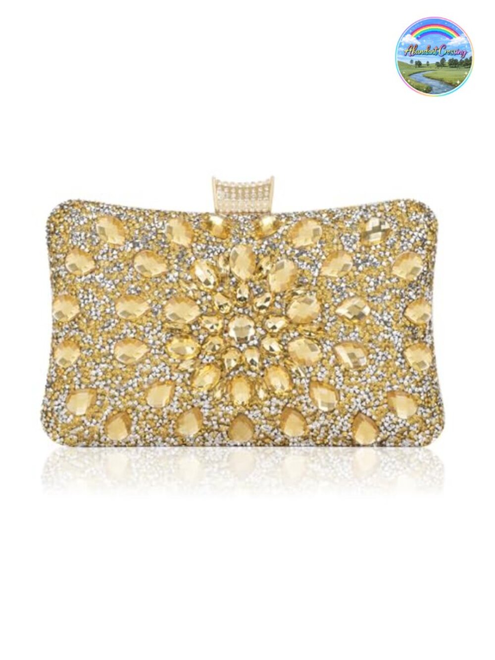 Crystal Evening Clutch with Gold Metal Frame Removable Chain Crossbody Bag
